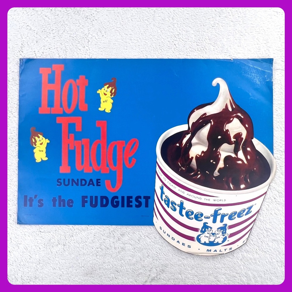 1960s‎ Tastee Freez Vintage Advertising Sign 25" Paper Hot Fudge Sundae Fudgiest